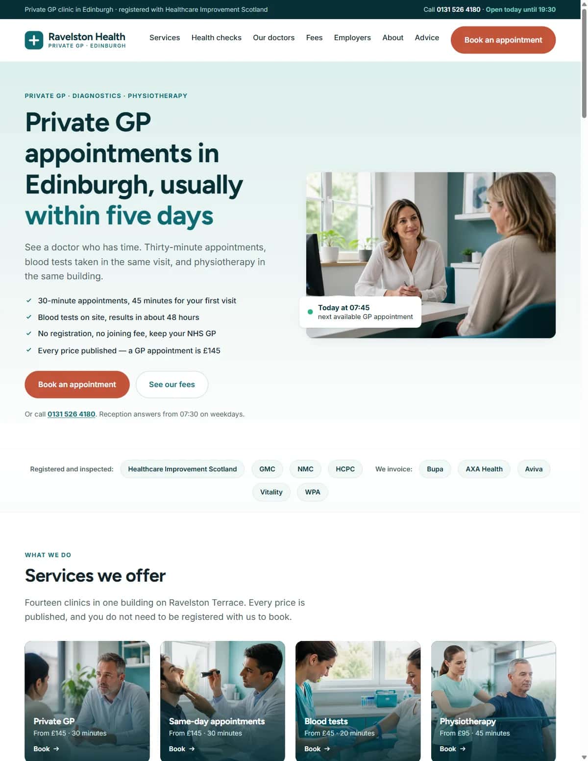 Ravelston Health demo website homepage