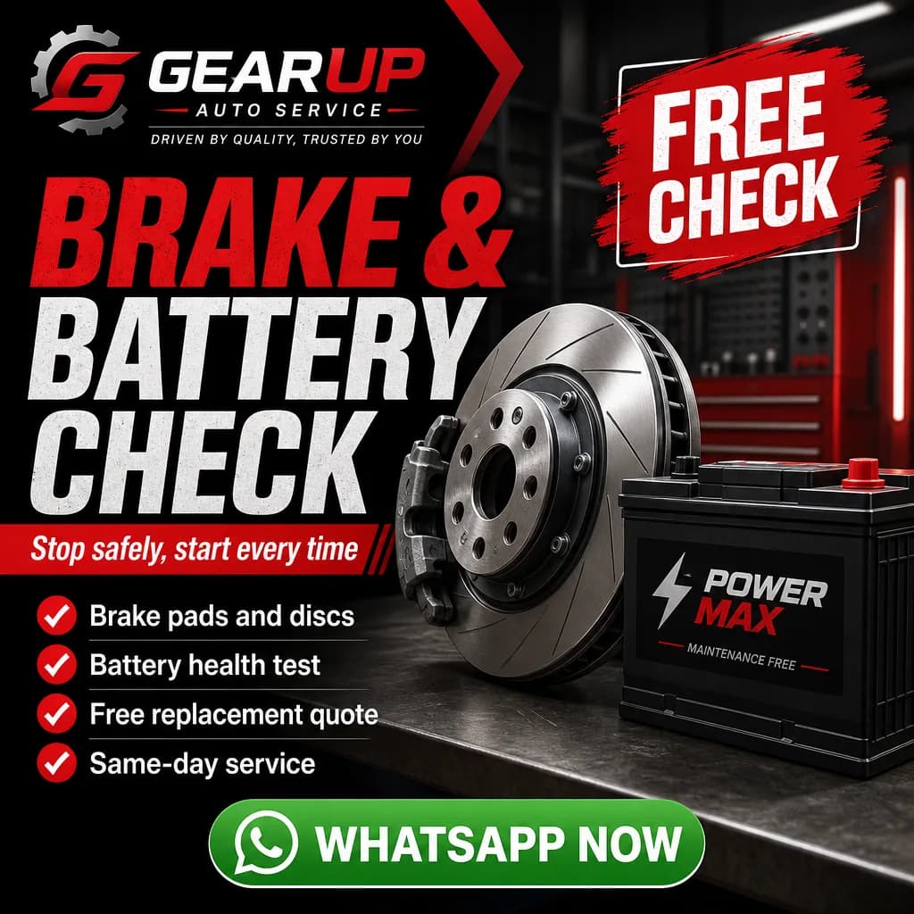 Automotive ad creative for GearUp Auto Service: Brake and battery check
