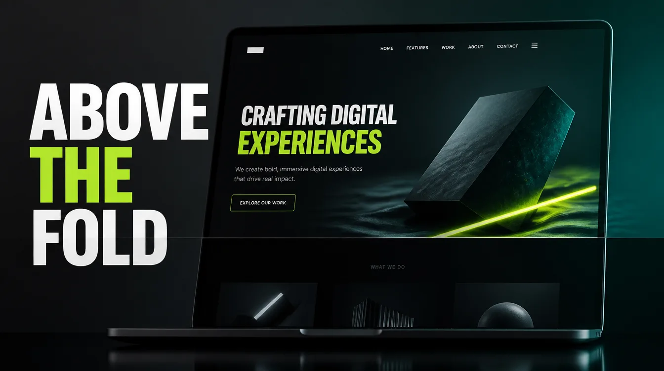 A website hero split by a visible fold line showing what appears before scrolling.