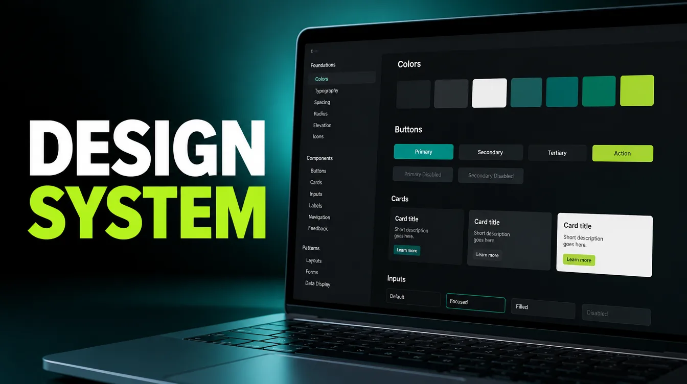 A design system component library on a dark screen with buttons, cards and color swatches.
