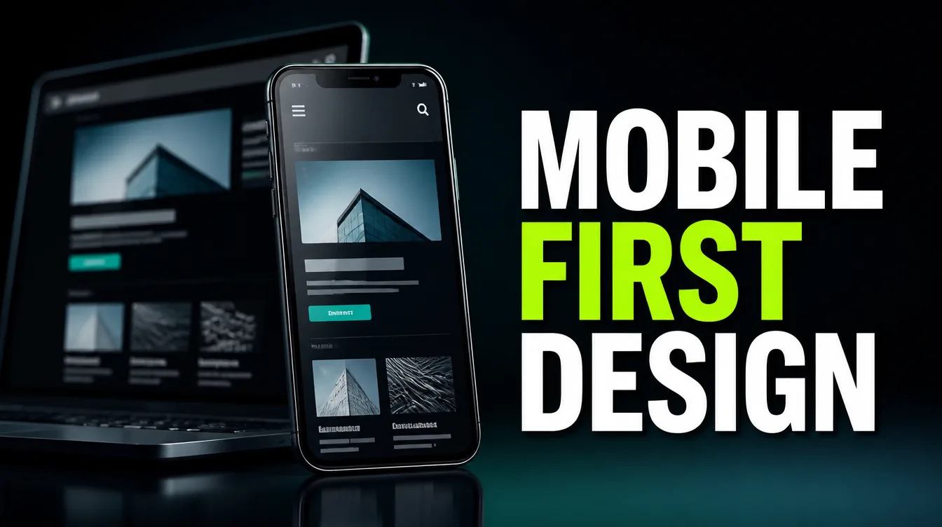 A phone screen designed before the faded desktop version behind it, showing mobile first design.