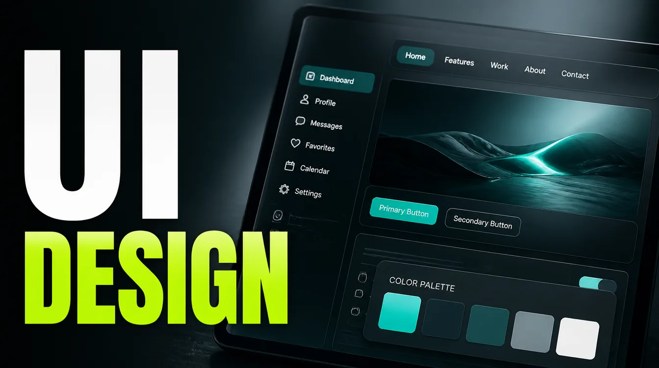 A polished website user interface with buttons, menus and color swatches, illustrating UI design.