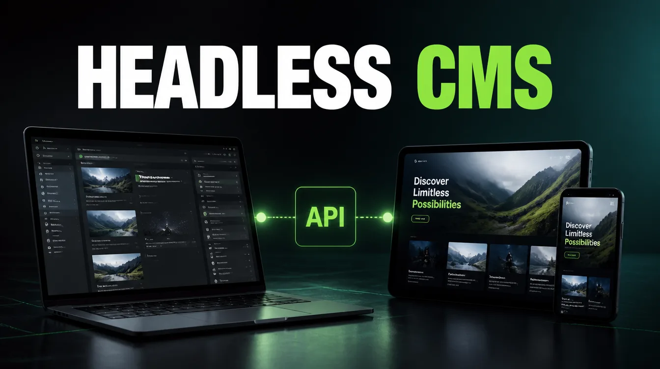A headless CMS back end connected by an API to a website and app front end.