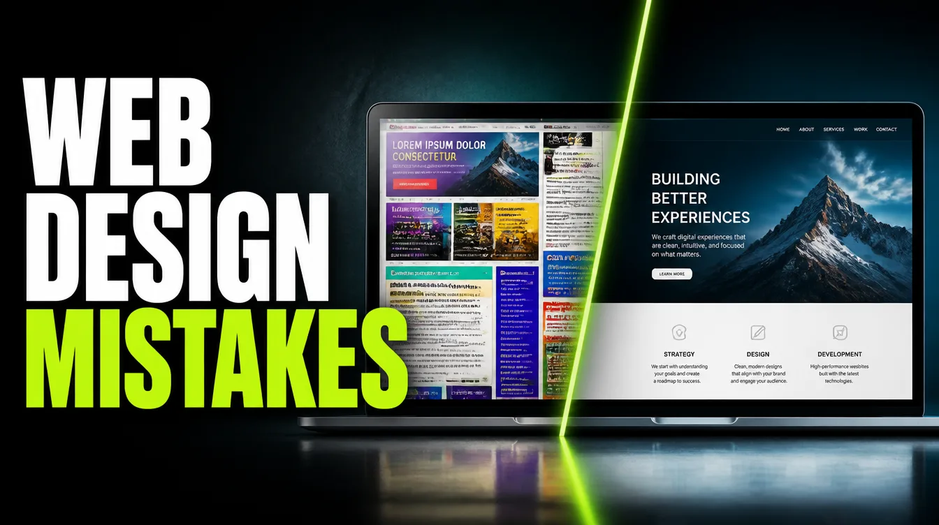 A split screen showing a cluttered website redesigned into a clean, clear layout.