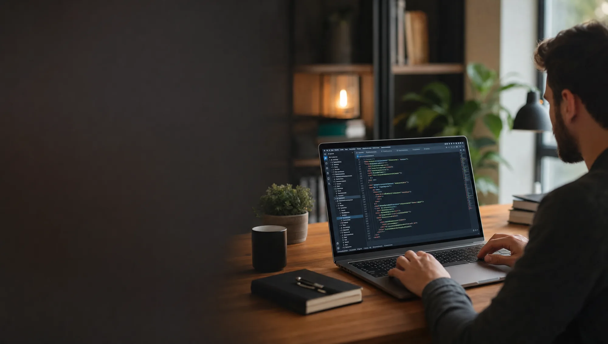 A Seed Light developer building a website, a code editor open on the laptop