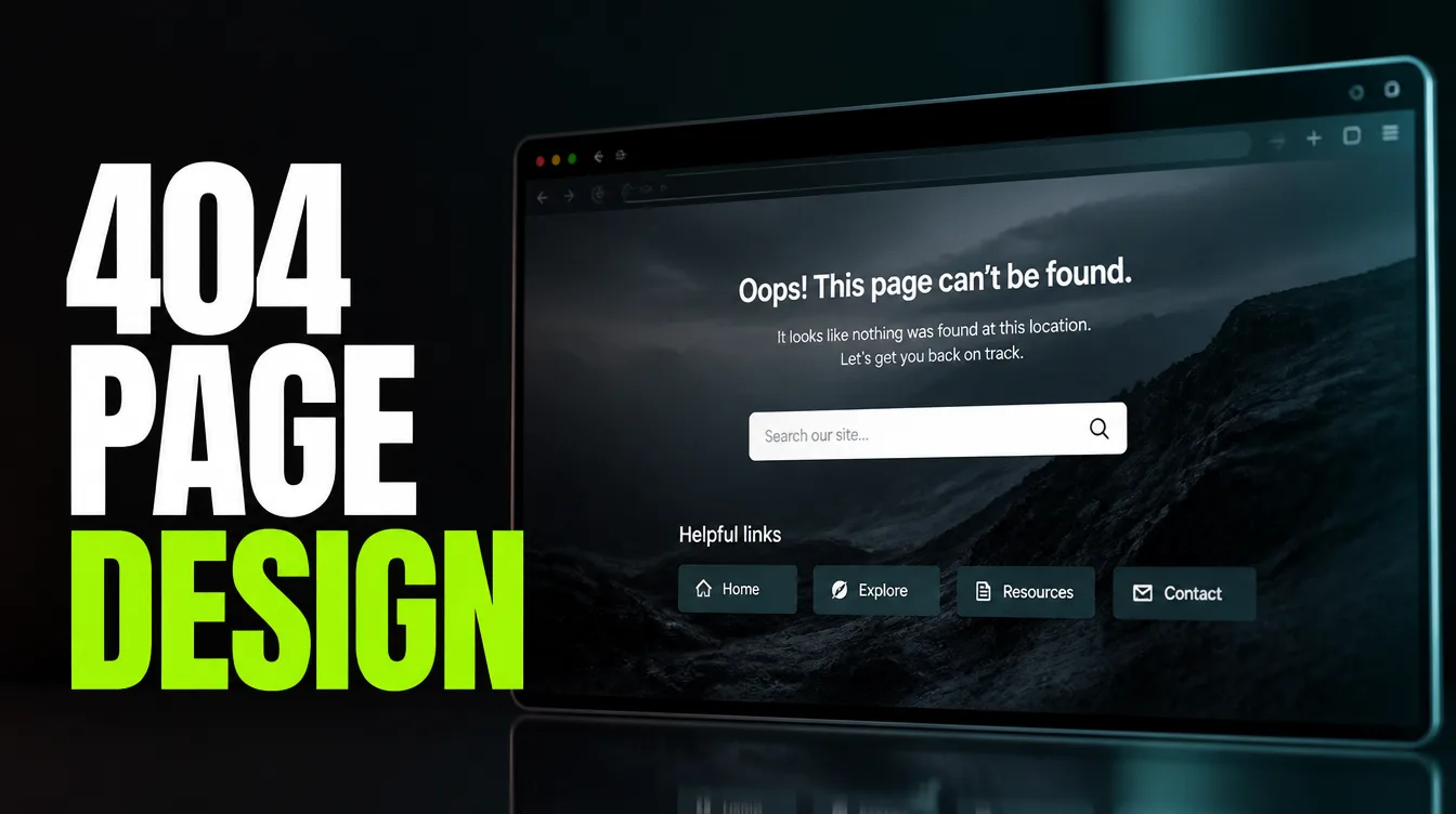 A friendly custom 404 error page shown in a browser window with a search bar and helpful links.