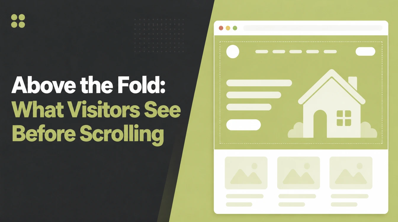 Banner reading Above the Fold beside a browser window with the visible area outlined above the rest of the page