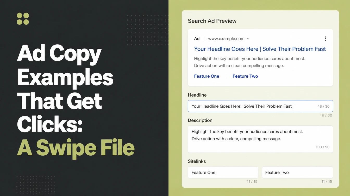 Banner reading Ad Copy Examples That Get Clicks beside a search ad preview being edited