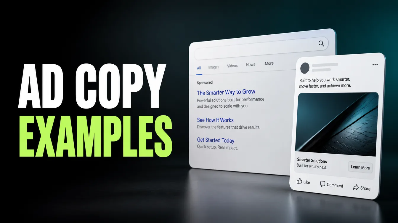Ad copy examples shown as a clean search ad and social ad preview mockup.