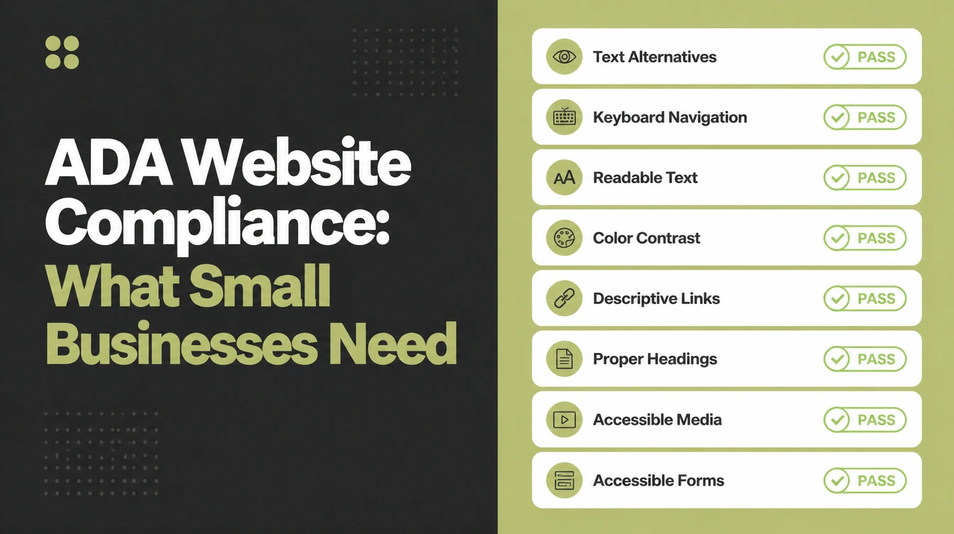Banner reading ADA Website Compliance beside an accessibility checklist with passing rows