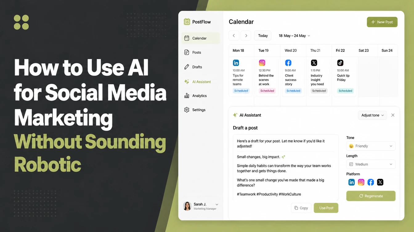 A social media scheduling calendar with posts queued across platforms and an AI assistant panel drafting a caption.