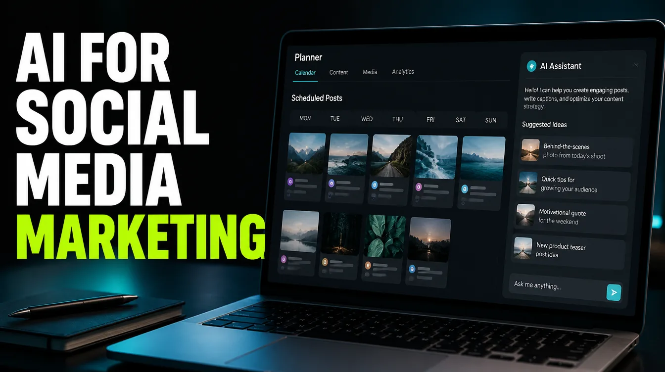 A social media content planner dashboard showing scheduled posts and an AI assistant panel.