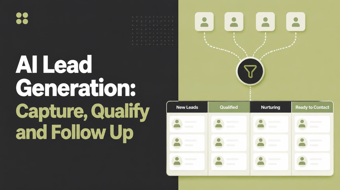Banner reading AI Lead Generation beside leads filtering into a pipeline board of new, qualified, nurturing and ready to contact