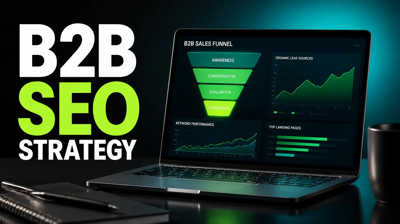 A B2B sales funnel and organic-lead analytics dashboard illustrating a B2B SEO strategy.