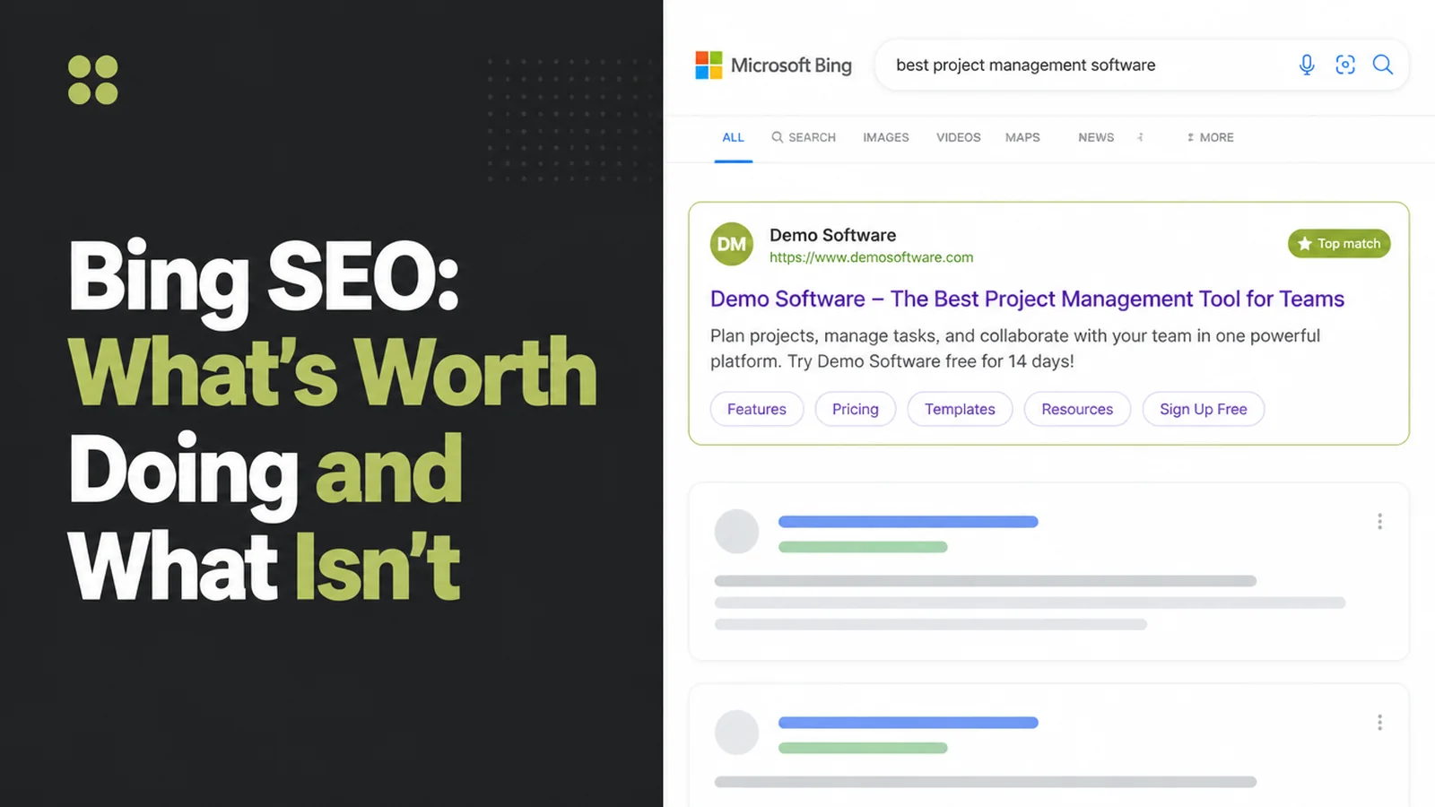 Blog cover reading Bing SEO: What's Worth Doing and What Isn't, beside a search results page with one website sitting at the top.