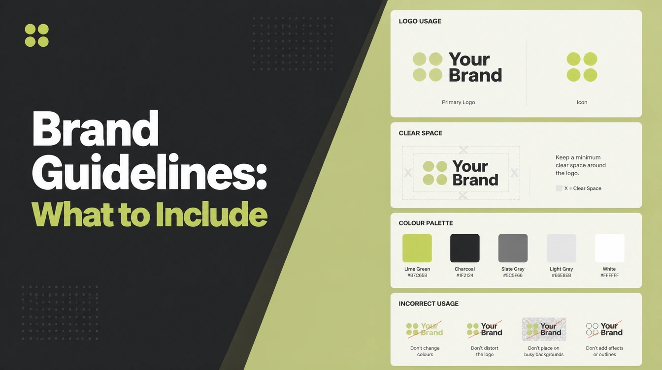 A brand guidelines page showing logo rules and colour swatches.