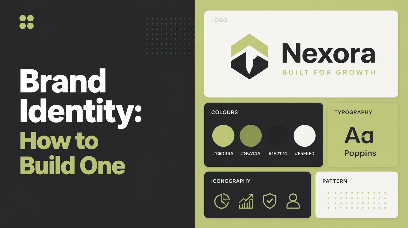 A brand identity board with a logo, colours and type.