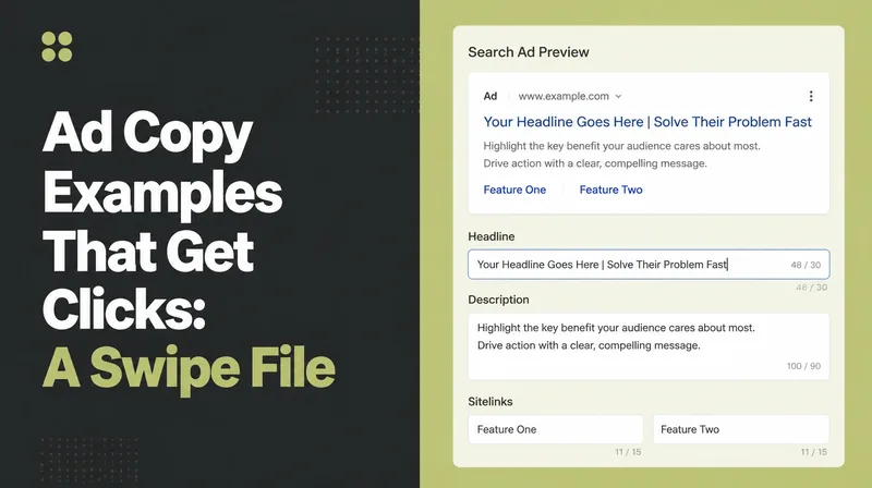 Banner reading Ad Copy Examples That Get Clicks beside a search ad preview being edited