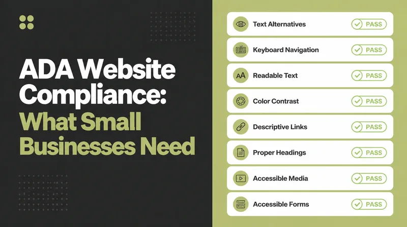 Banner reading ADA Website Compliance beside an accessibility checklist with passing rows
