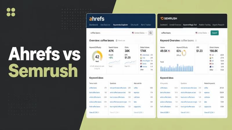Two SEO tool dashboards side by side comparing keyword data.