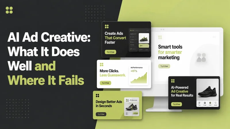 Blog cover reading AI Ad Creative: What It Does Well and Where It Fails, beside one product photo turned into several advert variations.