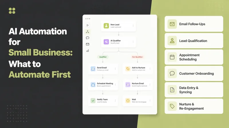 AI Automation for Small Business, beside a branching automation workflow and a list of tasks to automate first.