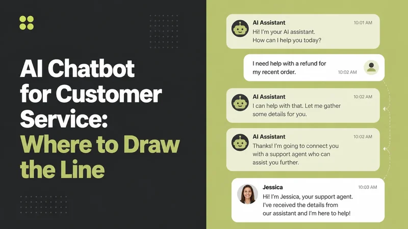 Blog cover reading AI Chatbot for Customer Service: Where to Draw the Line, beside a chat handed from an automated reply to a named person.