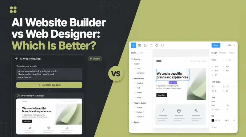 AI Website Builder vs Web Designer, beside an AI site generator prompt screen set against a designer workspace with layers and a style panel.