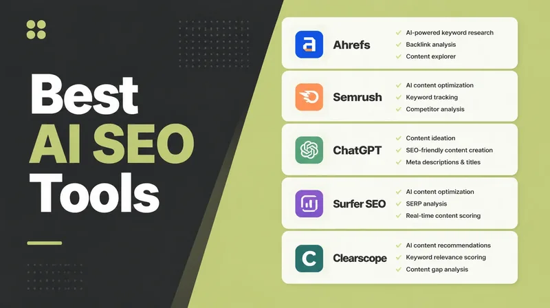 A shortlist of SEO tool cards with names and features.