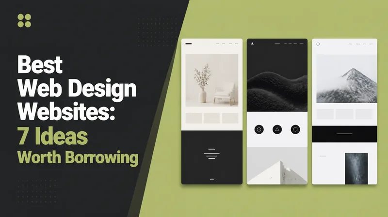 Banner reading Best Web Design Websites beside three minimal website home pages in a row
