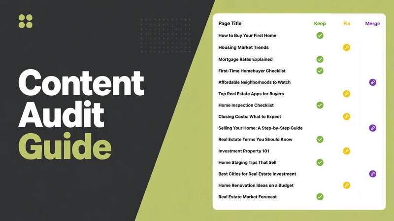 A content audit sheet with keep, fix and merge marks.