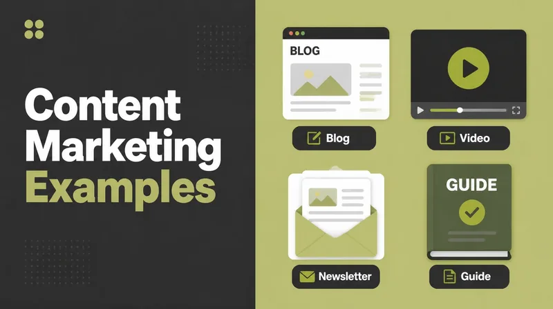 A grid of content formats: blog, video, newsletter, guide.