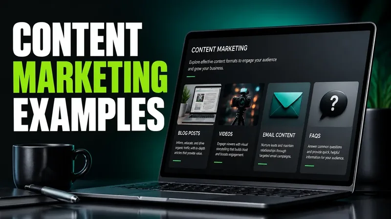 A dashboard of small-business content marketing formats including blog posts, video, email and FAQ tiles.