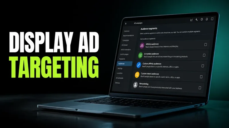 Google Ads display targeting dashboard showing audience segment options for a small business campaign.