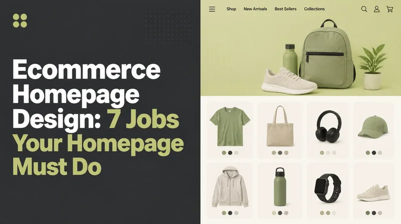 Banner reading Ecommerce Homepage Design beside an online store homepage with a product grid
