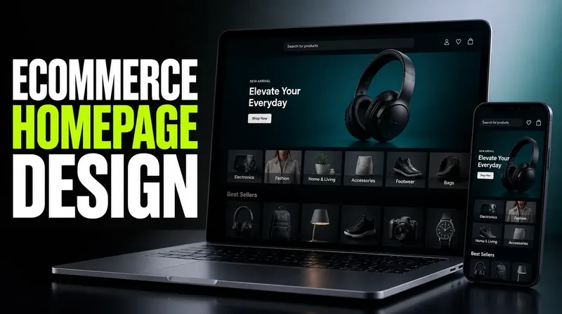 Sleek online store homepage layout showing a hero banner, search bar, category tiles and best-seller products on laptop and phone.