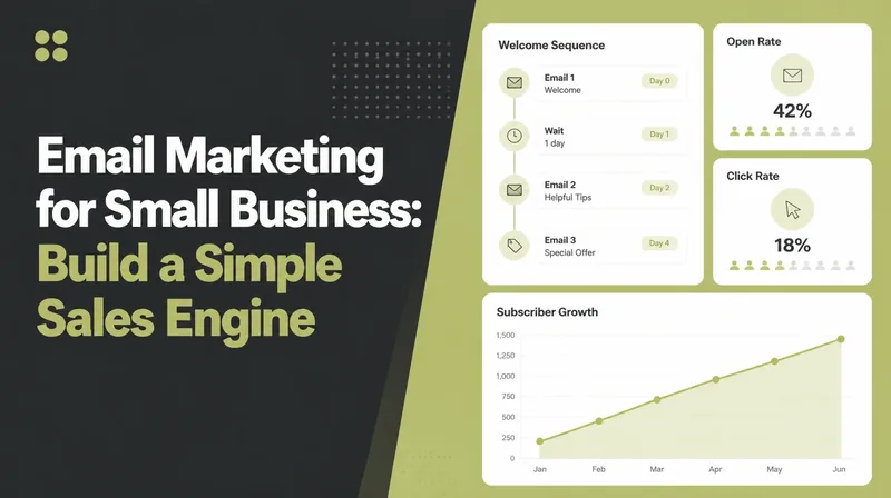 Email Marketing for Small Business, beside a welcome sequence of connected emails with open and click rate cards and a subscriber growth chart.
