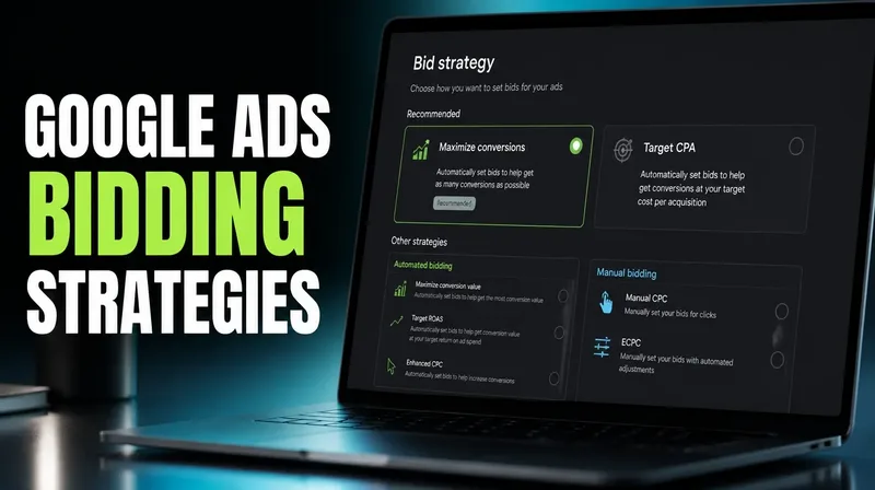 A Google Ads bid strategy settings dashboard illustrating how automated and manual bidding strategies are chosen.