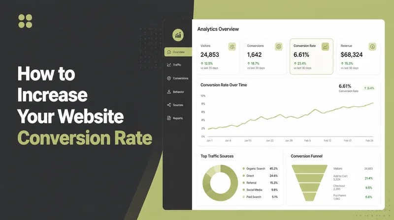 An analytics overview screen showing a conversion rate climbing over time beside traffic sources and a conversion funnel.