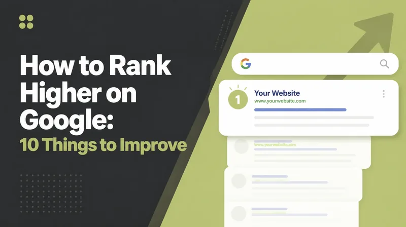 How to Rank Higher on Google, beside a search result at position one with an upward arrow behind it.