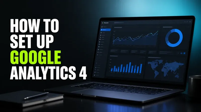 Beginner's guide to setting up Google Analytics 4 shown on a sleek analytics dashboard.