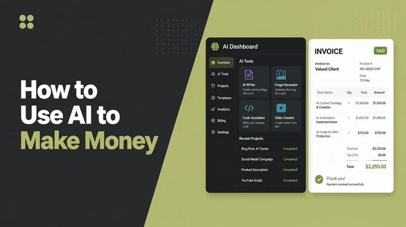 An AI tool dashboard beside a paid client invoice.