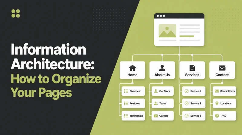 A website page tree branching from a homepage into labelled sections, illustrating information architecture.