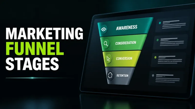 A clean four-stage marketing funnel diagram on a dark dashboard, showing awareness through retention.