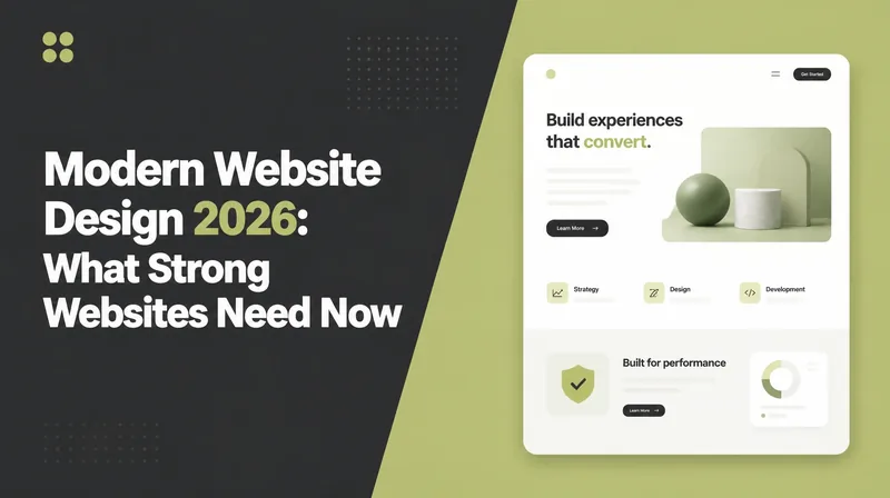 Modern Website Design, beside a homepage mockup with a hero section, three service cards and a performance panel.