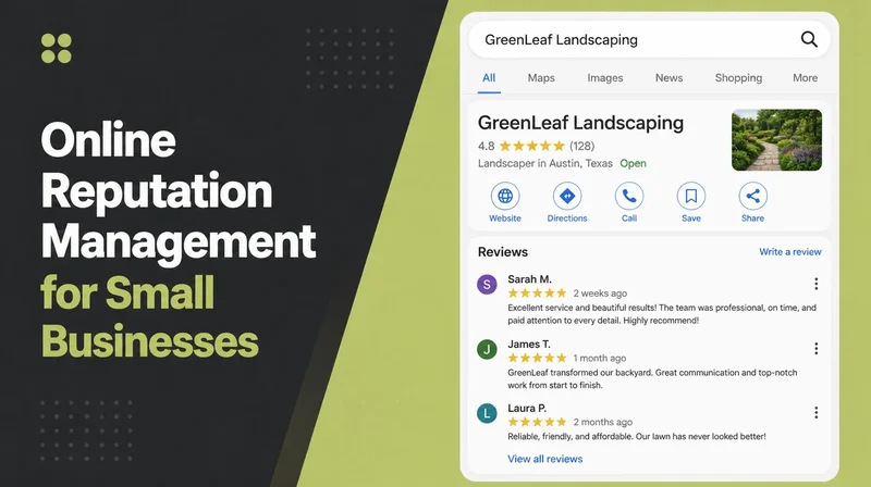 A search results page for a business name showing its profile panel and reviews, illustrating online reputation management.