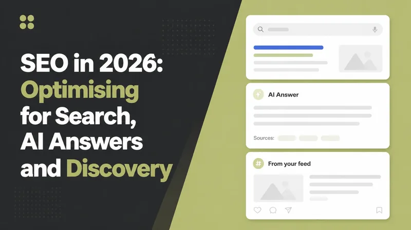 SEO in 2026, beside three stacked panels showing a search listing, an AI answer with sources and a social discovery card.