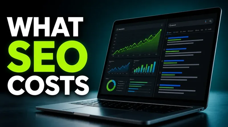 A small business owner compares printed SEO quotes at a desk beside a calculator and a laptop showing search results.