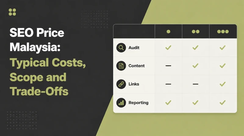 SEO Price Malaysia, beside a scope comparison table with rows for audit, content, links and reporting across three tiers.