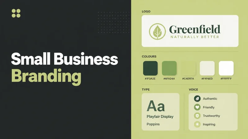 A brand kit screen with logo, colours, type and voice.